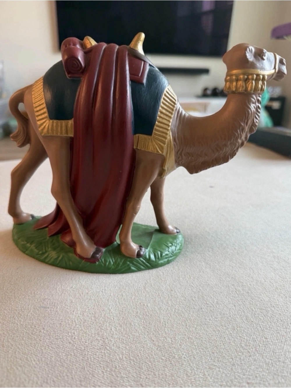 Vintage Painted Ceramic Camel Figurine Brown Gold Burgundy Drape Base